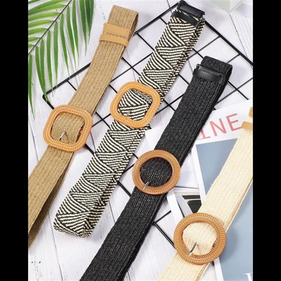 4 Pack Straw Woven Elastic Stretch Waist Belt Women Skinny Dress Belt Wooden Buc